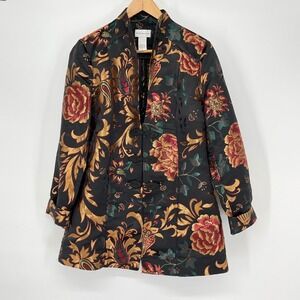 Soft Surroundings Floral Print Jacket Mandarin Collar Black Red Gold Size S Boho